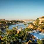 View on the river Nile at sunset in Aswan, Egypt