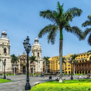 Plaza de Armas (Plaza Mayor) in the historic centre (Centro Historico), looking towards the Cathedral, Lima, Peru, South America